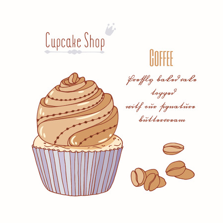 Hand drawn cupcake with doodle buttercream for pastry shop menu. Coffee flavor. Vector illustrationのイラスト素材
