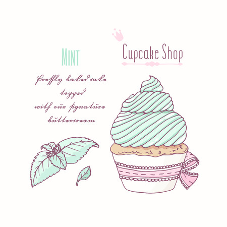 Hand drawn cupcake with doodle buttercream for pastry shop menu. Mint flavor. Vector illustrationのイラスト素材