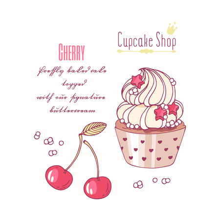 Hand drawn cupcake with doodle buttercream for pastry shop menu. Cherry flavor. Vector illustrationのイラスト素材