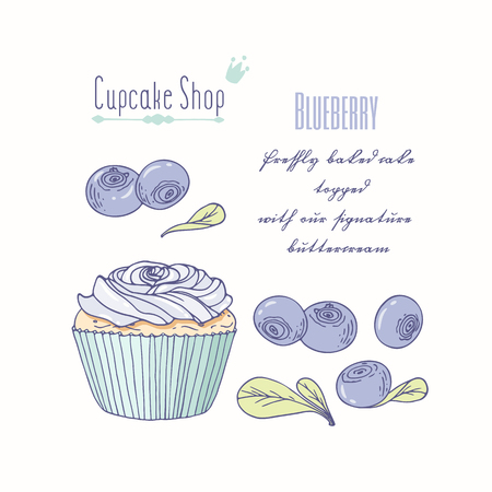 Hand drawn cupcake with doodle buttercream for pastry shop menu. Blueberry flavor. Vector illustrationのイラスト素材