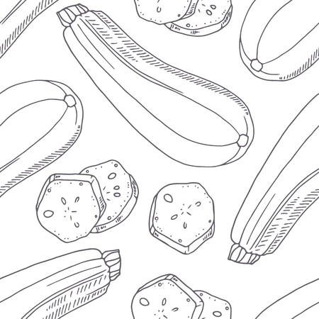 Hand drawn seamless pattern with zucchini. Monochrome background in sketch style. Vector illustrationのイラスト素材