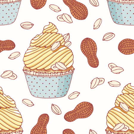 Hand drawn seamless pattern with doodle cupcake and peanut buttercream. Food background. Vector illustrationのイラスト素材