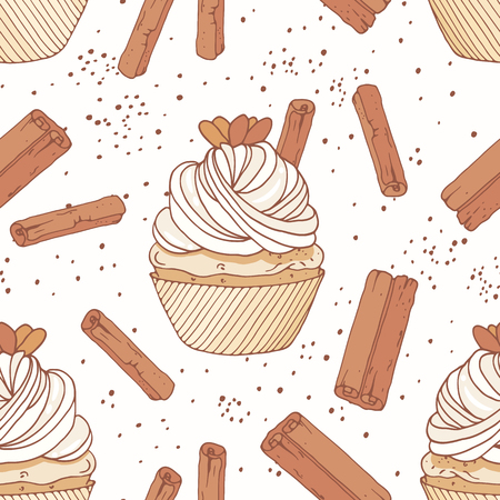 Hand drawn seamless pattern with doodle cupcake and cinnamon buttercream. Food background. Vector illustrationのイラスト素材