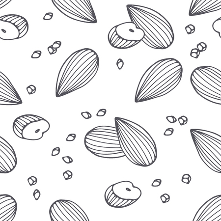 Hand drawn outline seamless pattern with almond. Black and white food background. Vector illustrationのイラスト素材