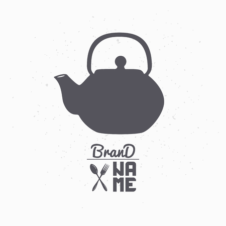 Teapot hand drawn silhouette. Tea shop logo template for craft food packaging or brand identity. Vector illustrationのイラスト素材