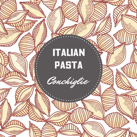 Hand drawn pattern with pasta conchiglie. Background for food package design. Vector illustrationのイラスト素材