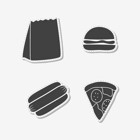 Set of hand drawn stickers with takeaway bag, hot dog, burger and pizza slice. Templates for design or brand identity. Vector illustrationのイラスト素材