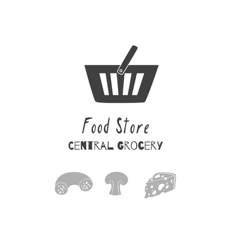 Set of hand drawn silhouettes: shopping cart, cheese, salami and mushroom. Food store logo templates for craft packaging or brand identity. Vector illustrationのイラスト素材