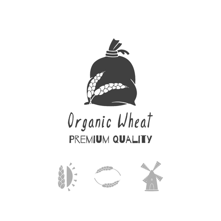 Set of hand drawn silhouettes: wind mill, wheat, sun and flour bag. Logo templates for craft food packaging or brand identity. Vector illustrationのイラスト素材