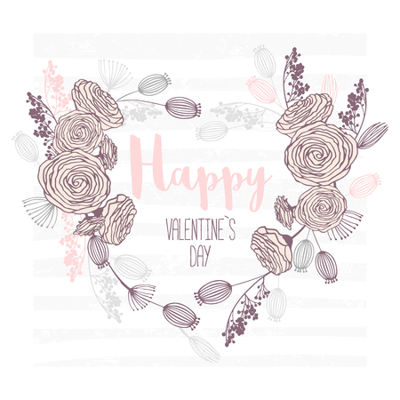 Valentines day hand drawn greeting card. Heart shape floral frame. Template background with place for text. Vector illustrationのイラスト素材