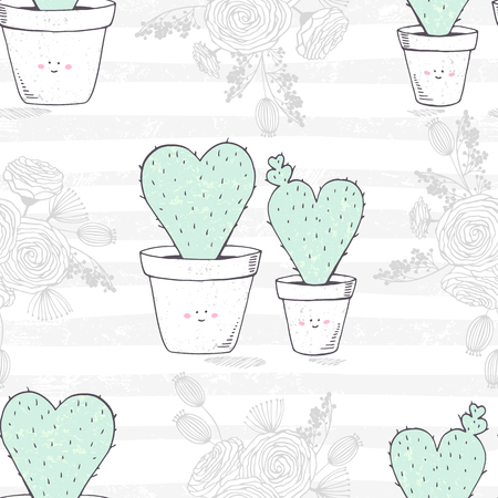 Seamless pattern with hand drawn heart shaped family of cactuses with a baby. Romantic floral backgroundのイラスト素材