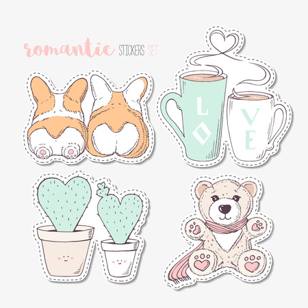 Hand drawn steackers with dogs, cactuses, cups and teddy bear. Cartoon patchesのイラスト素材