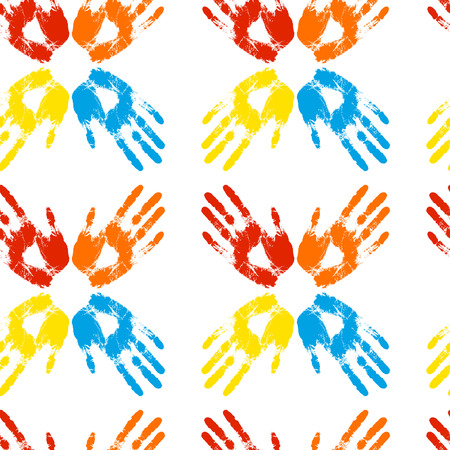 Seamless pattern of colored handprints on a white backgroundのイラスト素材
