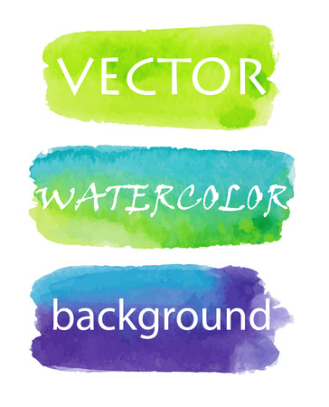 Set of watercolor backgrounds green, blue, purple. Backgrounds for buttons, labels, accents. Stripes  painted by hand in watercolor. 3 vector design elements on a white background. Eps10.のイラスト素材