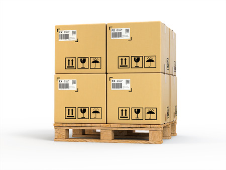 Cardboard boxes on shipping pallets,isolated on whiteの写真素材