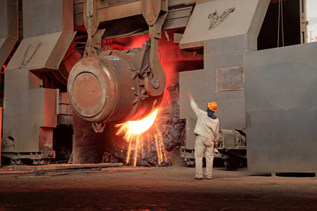 Steelmaking workshop?Steel workers are working, sparks fly, very beautiful
