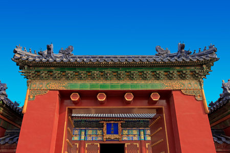 Emperor temple hall is a hip roof type, dry covering blue glazed tile, there are white marble stone balustrade base.のeditorial素材