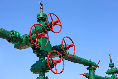 Oil field scene, pipeline valves