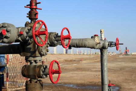Oil field scene, oil field pipe valves, close-up