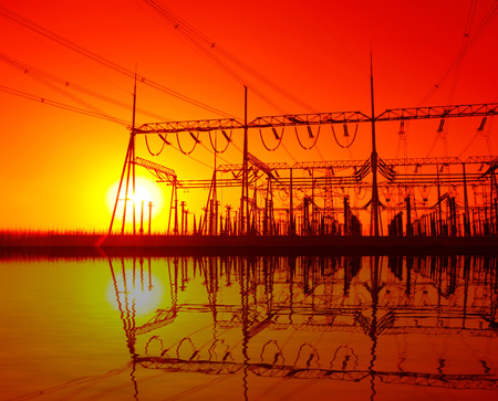 power distribution substation in the eveningの写真素材