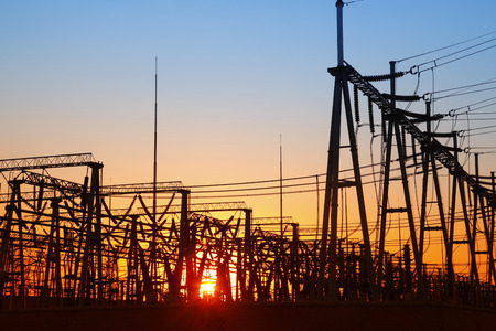 power distribution substation in the eveningの写真素材