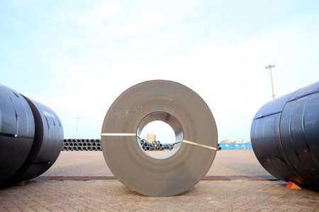 roll steel in harbor, Cold rolled steel coilsのeditorial素材
