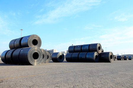 roll steel in harbor, Cold rolled steel coilsのeditorial素材