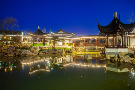 Night at traditional Chinese architecture, jiangnan pavilionsのeditorial素材
