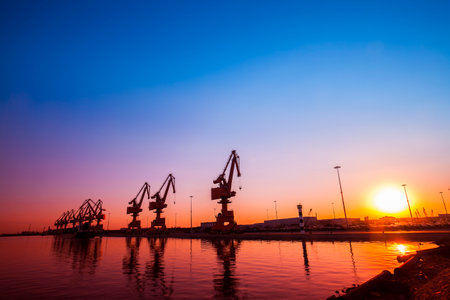 In the evening, gantry crane at the dockのeditorial素材