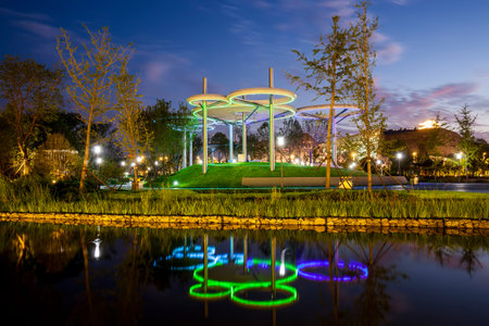 Steel structure sculpture at nightの写真素材