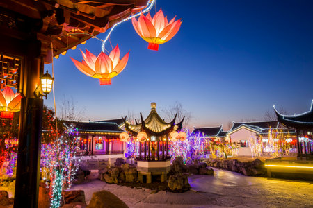 Chinese traditional buildings at nightのeditorial素材