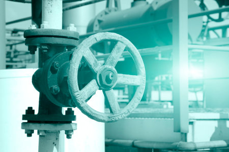 Oil pipeline valve, under the blue sky, close-upのeditorial素材