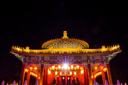Chinese traditional buildings at nightのeditorial素材
