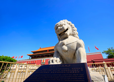 Tiananmen square in front of the stone lion in Beijing, Chinaのeditorial素材