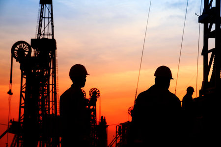 In the eveningï¼oil field, the oil workers are workingの写真素材