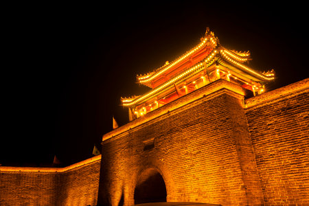 Chinese traditional buildings at nightのeditorial素材