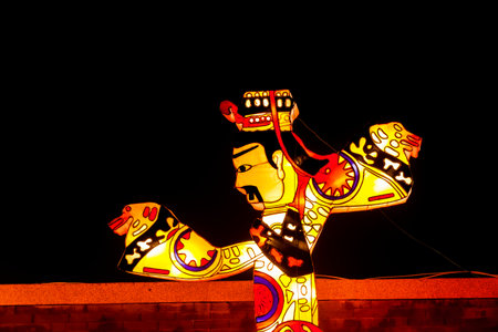 Chinese lanterns in the evening, Peking Opera facial makeupのeditorial素材