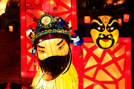 Chinese lanterns in the evening, Peking Opera facial makeupのeditorial素材