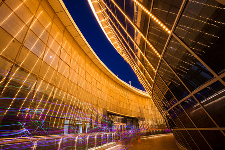 Glass - walled buildings at nightのeditorial素材