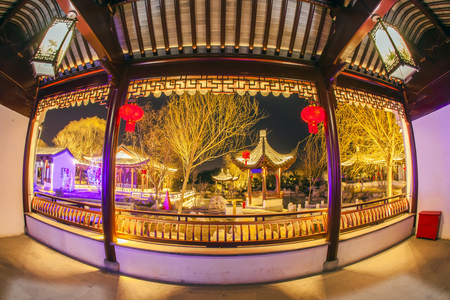 Chinese traditional buildings at nightの写真素材