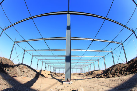 In the construction site, steel structure is under constructionのeditorial素材