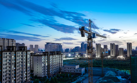 Tower cranes build residential buildings at nigh