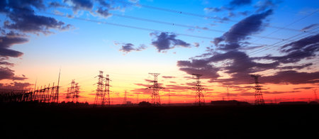 The silhouette of pylon, the pylon in the evening