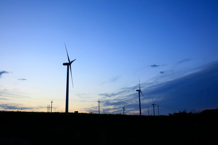 In the evening, the silhouette of wind turbines