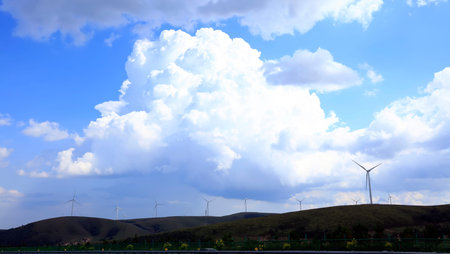 Wind turbines are on the grassland
