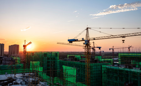 Tower cranes build residential buildings at nigh