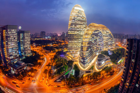 Beijing - October 16, 2019: Night scene of wangjing SOHO, The night view of the city landscape in...