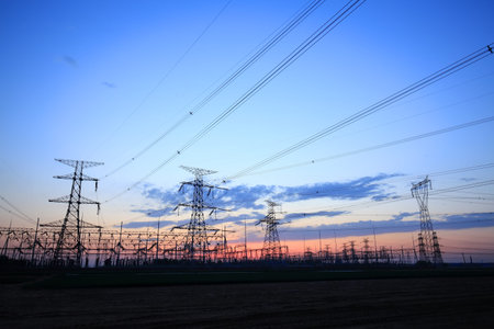 The silhouette of pylon, the pylon in the evening