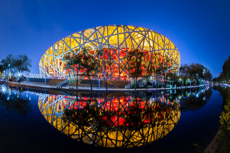 Beijing - October 15, 2019: Night view of the beijing bird's nest, The night view of the city landscape in Beijing, Chinaのeditorial素材