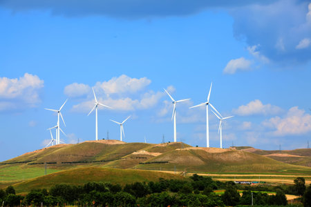 Wind turbines are on the grassland